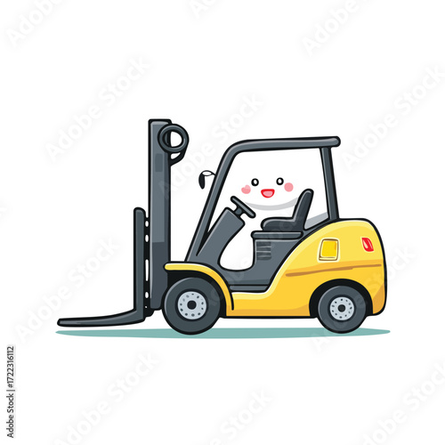 Isolated yellow forklift truck on a white background lifting a cargo box with its fork in a warehouse setting