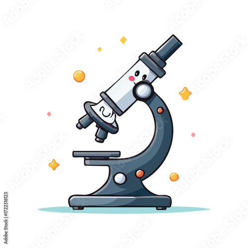 Cartoon illustration of a microscope with a smiling face, perfect for educational purposes.