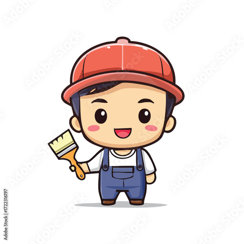 A funny cartoon construction worker with a hardhat and tools holds a blank sign, a simple and amusing vector character illustration