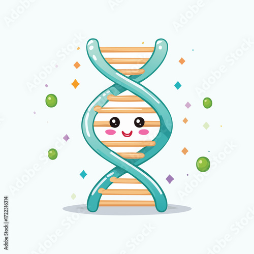 Cartoon illustration of a DNA double helix with a smiling face, representing genetics.