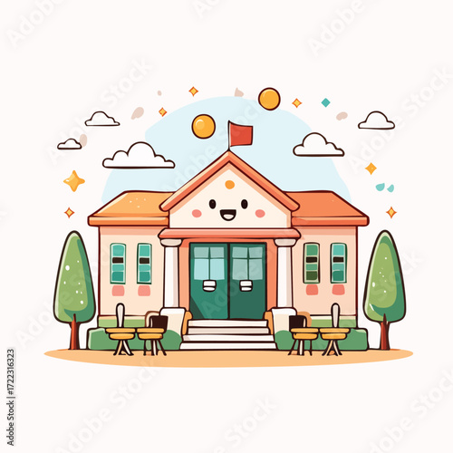Cute cartoon illustration of a school building with a happy face, trees, and a sunny sky.