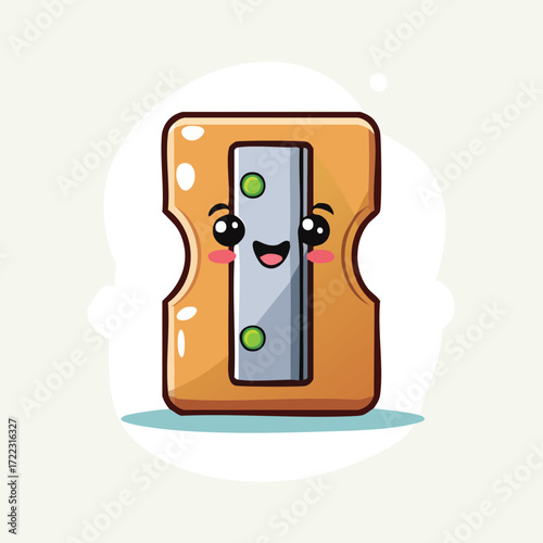 Cute cartoon illustration of a pencil sharpener with a happy face and adorable expression.