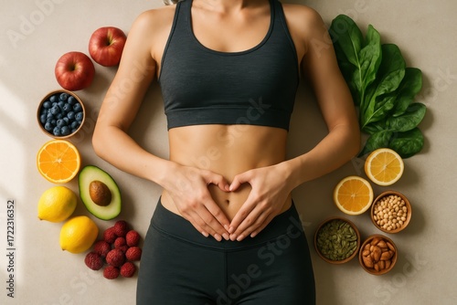 Fresh fruits and vegetables encircling woman forming a heart over her stomach symbol of gut health digestion wellness microbiome and balanced diet