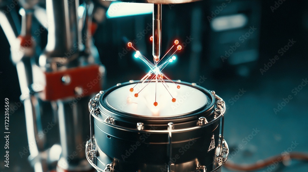 Obraz premium A futuristic, illuminated drum kit, showcasing a complex, glowing, particle-like structure being manipulated by an unseen mechanism.
