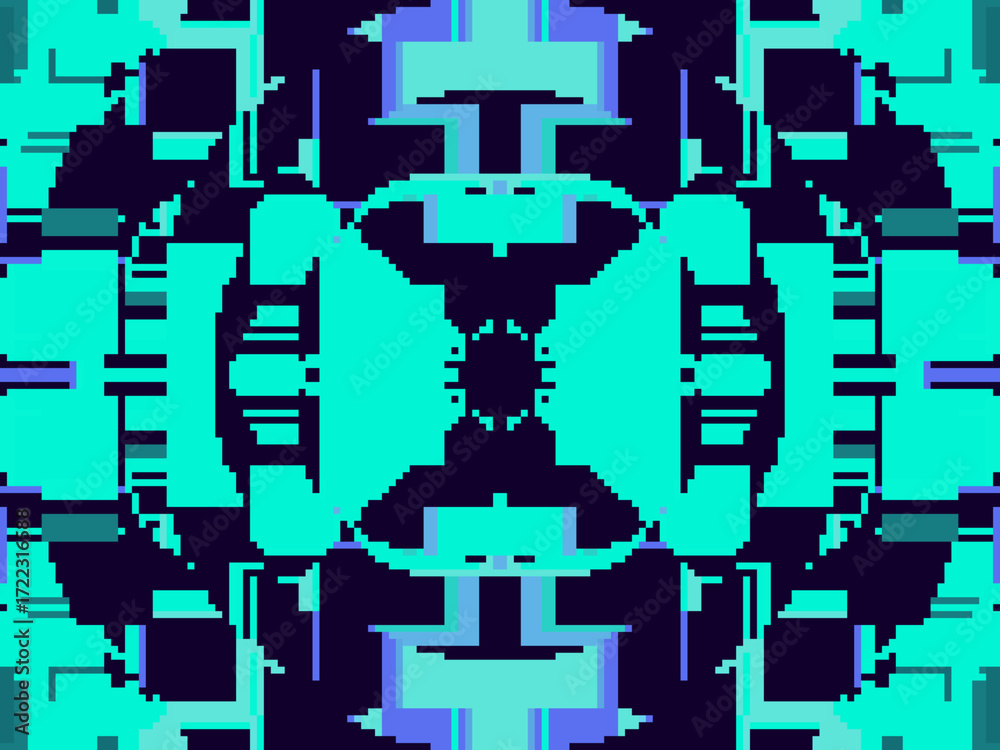 Fototapeta premium Abstract kaleidoscope symmetrical digital artwork, forming a kaleidoscopic geometric tunnel with pixelated depth and futuristic vibes