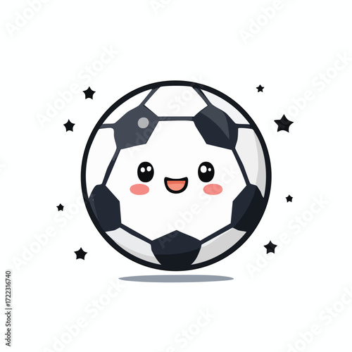 Cute cartoon soccer ball character with happy expression and stars around, isolated on white background.