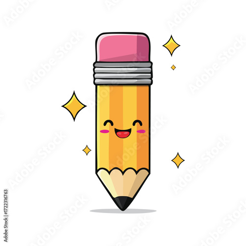 Cute cartoon pencil with a pink eraser and a happy face, surrounded by sparkles.