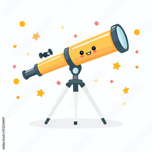 Illustration of a cute yellow telescope with a smiling face, surrounded by stars and sparkles.