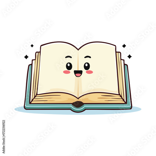 Cartoon illustration of an open book with a smiling face, perfect for educational or reading-related content.