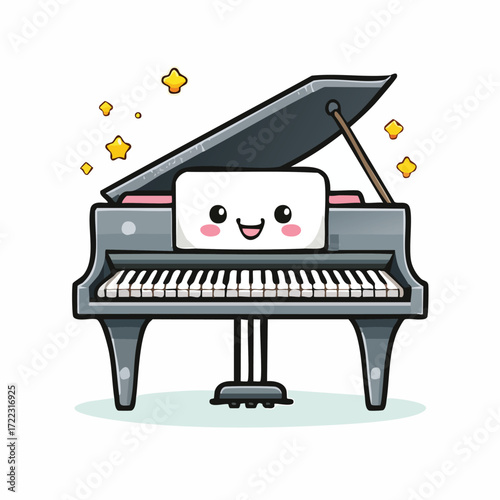 Cute cartoon illustration of a grand piano with a smiling face and sparkling stars.
