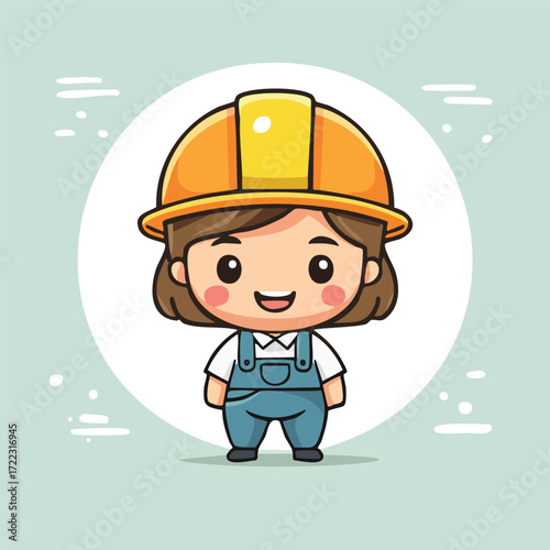 A vector illustration of a cartoon construction worker character in a hardhat and uniform