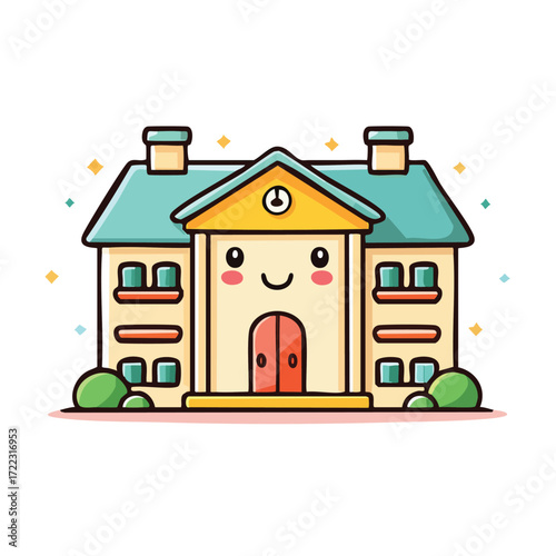 Cute cartoon illustration of a school building with a smiling face, perfect for educational content.