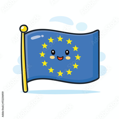 An illustration of the European Union flag with stars and moon on a blue sky with sun and clouds