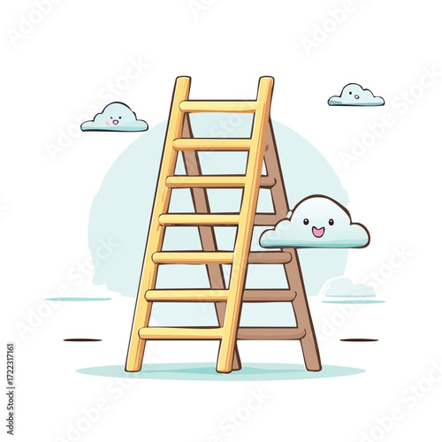 Wooden stepladder with high steps, isolated on white background, a tool for success