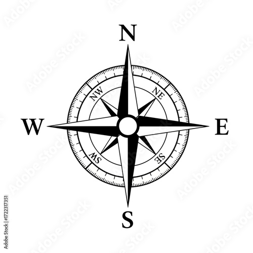 Black compass rose silhouette isolated on white background