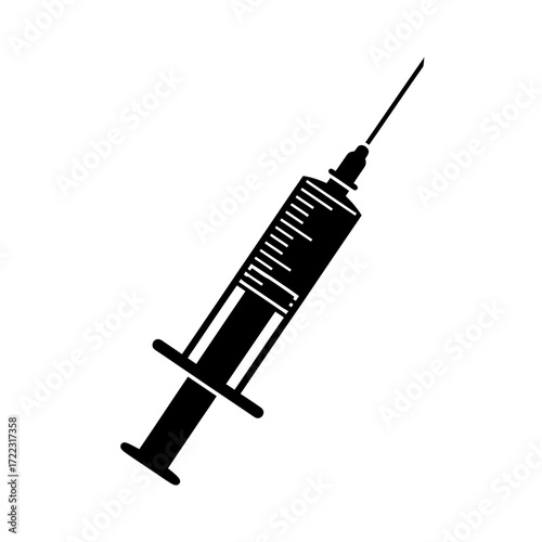 Black silhouette of a medical syringe isolated on white background