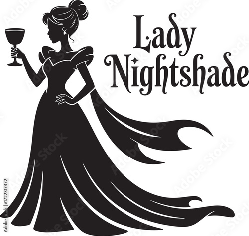 Elegant Lady Nightshade Silhouette in Gown Holding Goblet with Swirling Fabric Against Checkered Backdrop