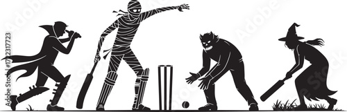 Halloween Cricket: Dracula Batting, Mummy Bowler, Monster Wicketkeeper, and Witch Hitting Ball