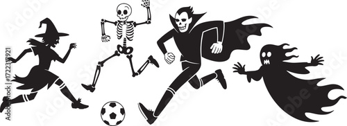 Halloween Soccer Team Witch, Vampire, Skeleton, Ghost Kicking Soccer Ball, Running on Transparent Background
