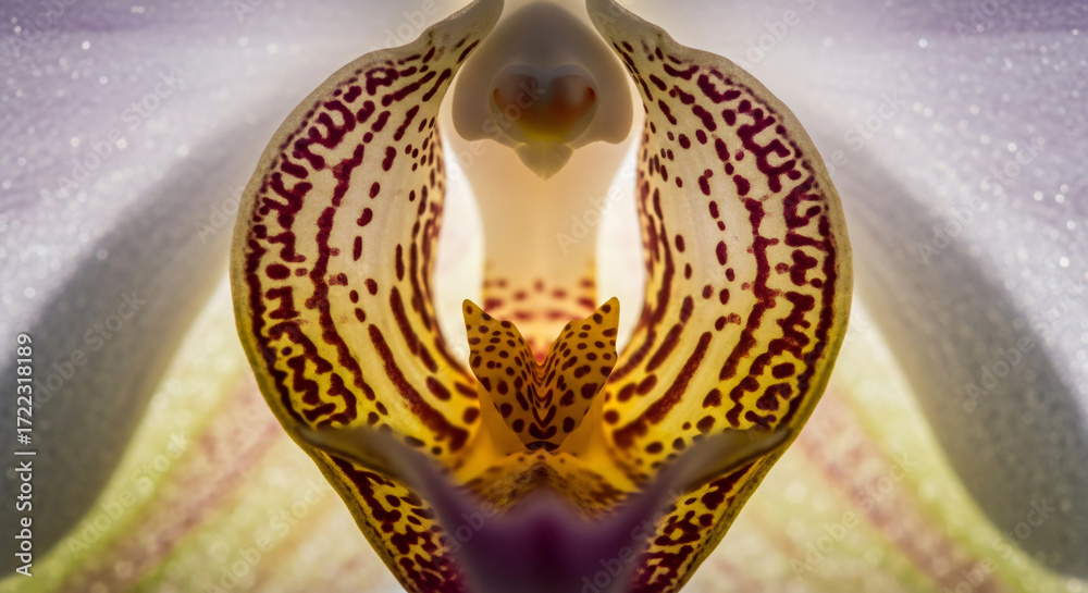 Obraz premium Extreme close-up macro photograph revealing the intricate details and delicate textures of a blooming orchid's inner petals and stamen.