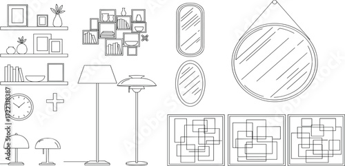 A curated collection of minimalist line art illustrations showcasing modern interior design elements like lamps, mirrors, and wall decor for home furnishing concepts