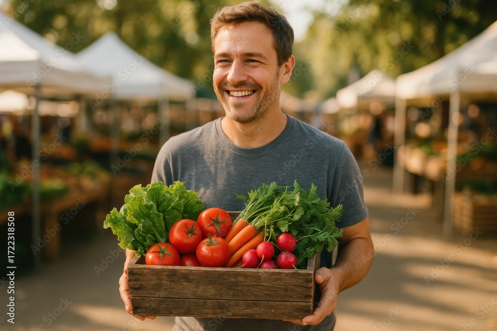 Fototapeta premium Smiling courier carrying a wooden crate brimming with organic seasonal vegetables at a local market in golden hour light vibrant natural colors and crisp detail