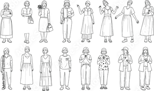A comprehensive collection of hand-drawn full-body illustrations depicting diverse women in various casual outfits and poses, isolated on a white background