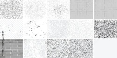 Diverse assortment of monochromatic abstract texture backgrounds, featuring grunge, noise, subtle patterns, line art, and distressed effects for versatile design applications