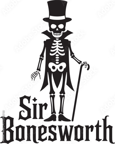 Sir Bonesworth Skeleton Top Hat Cane Character Logo Vector Illustration