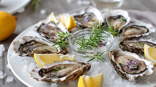 A platter of fresh oysters on ice with lemon wedges and rosemary in a glass bowl ready to be eaten