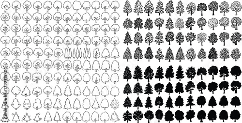 A comprehensive collection of various tree icons, presented in both black silhouette and clean outline styles for graphic design elements