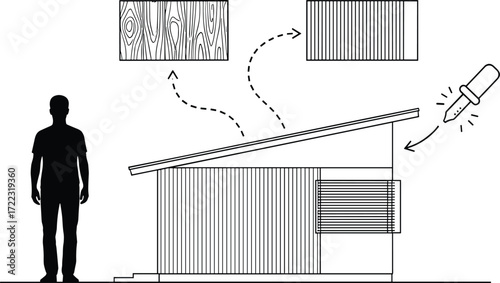Architectural Concept Illustrating a Small Backyard Structure with Material Options and Assembly Elements, Featuring Wood and Corrugated Metal Finishes