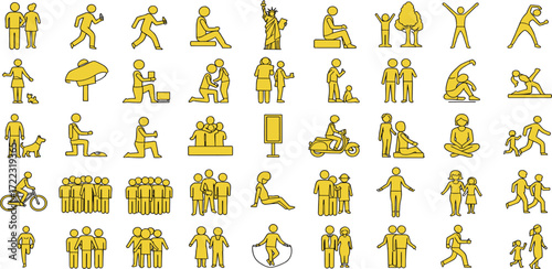 Collection of Yellow Stick Figure Icons Depicting Various Activities