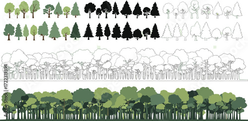 Comprehensive Vector Illustration Pack Featuring Lush Green Forest Borders, Diverse Tree Silhouettes, and Outline Elements for Nature-Inspired Graphic Design Projects
