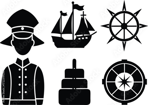 Columbus day vector icon set nautical exploration ships compass captain symbols vector