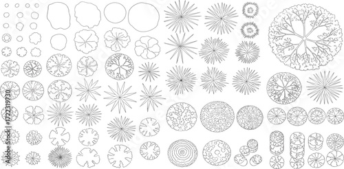 Versatile outline vector collection of top-view tree and plant symbols, ideal for architectural drawings, landscape design, and urban planning projects