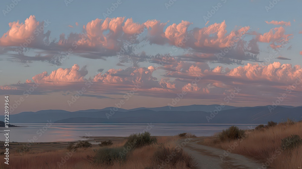 Fototapeta premium Pastel Pink Clouds Over Distant Hills at Sunset