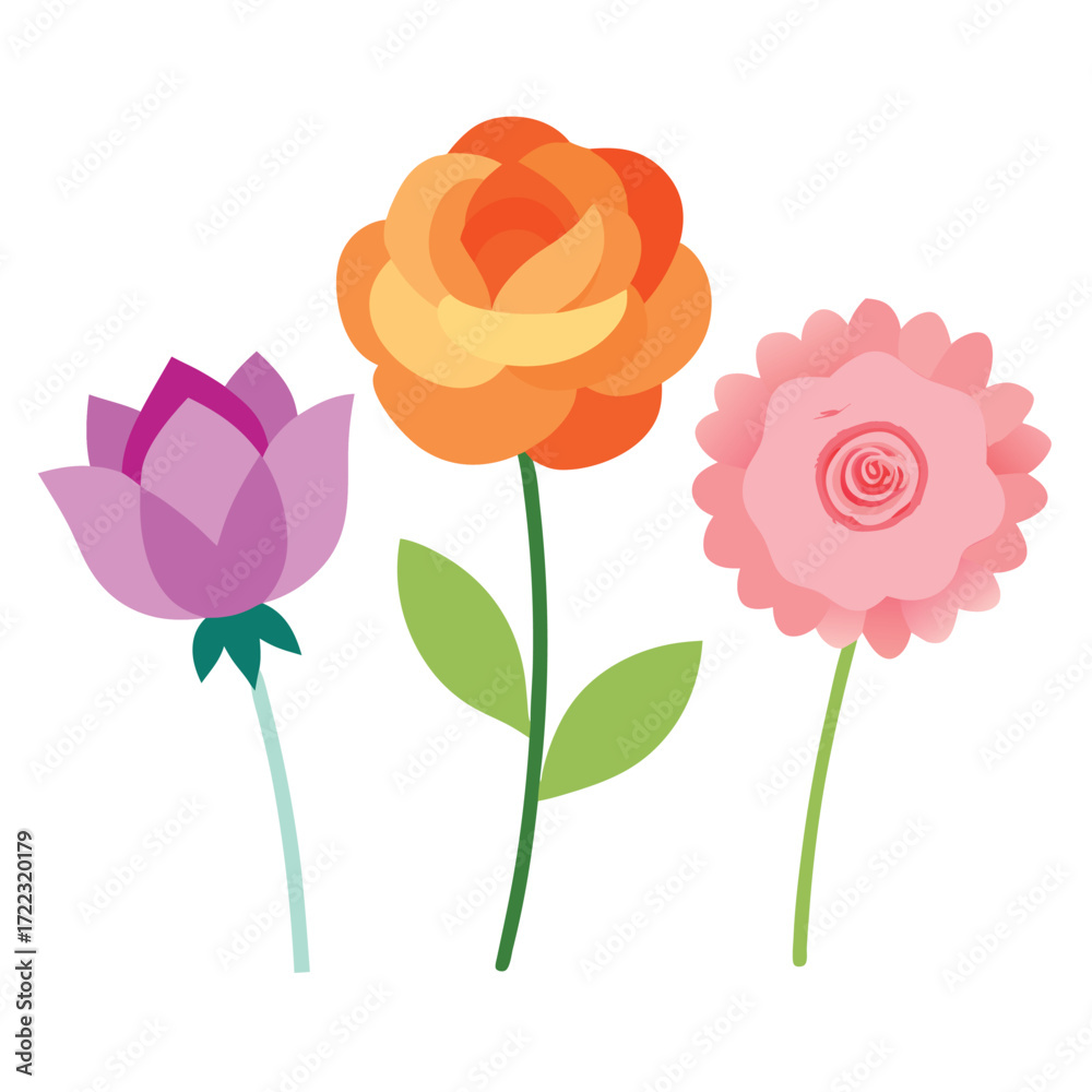 Fototapeta premium Three stylized flowers in pink purple and orange on white