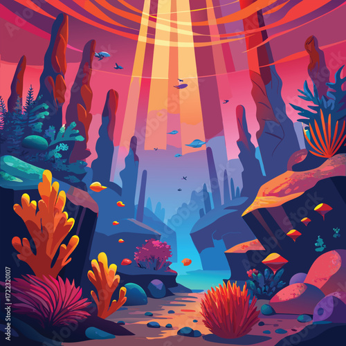 Stylized Underwater Landscape with Rocky Formations and Sunbeams