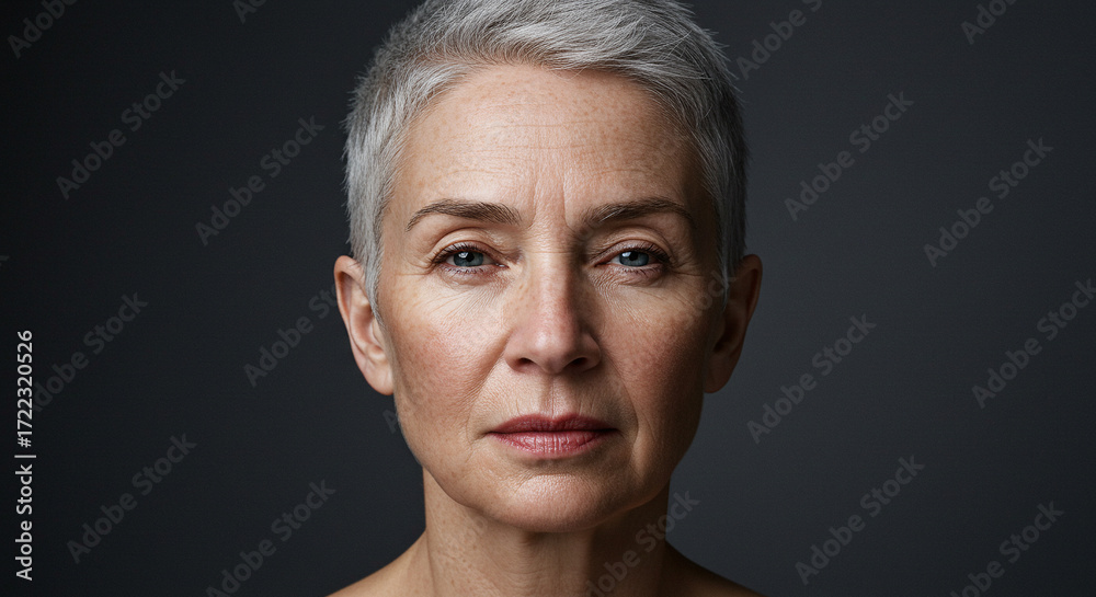Fototapeta premium Mature woman portrait gray hair aging gracefully beauty skincare model female face close up elegant style
