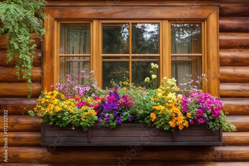 Colorful flowers in a window box on a log cabin.