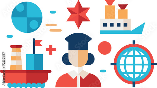 Columbus day flat vector icon set ships compass illustration eps vector
