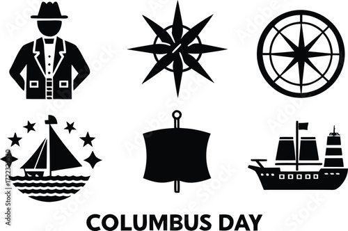 Columbus day flat vector icon set ships compass explorer marine navigation symbols vector