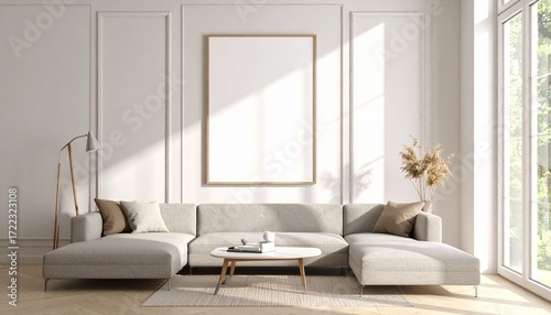 Bright and airy modern living room interior with a large sectional sofa and a blank vertical poster frame for mockup