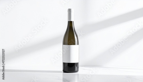 Elegant green wine bottle with a customizable blank white label, presented in a clean studio setting with natural shadows. Perfect for product branding, marketing mockups, and beverage advertising