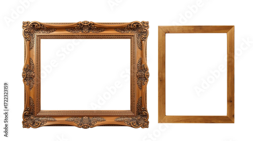 Old brown wooden picture frame isolated on a white background with a blank space for your photo, art, or decoration
