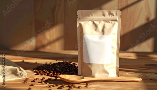 Natural morning light concept for coffee branding featuring a blank kraft pouch mockup with beans on a rustic wooden table for product display