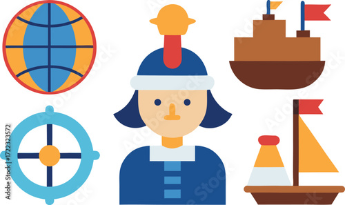 Columbus day flat vector icon set ships compass globe and explorer illustration vector