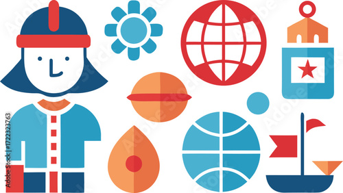 Columbus day flat vector icon set ships compass exploration and discovery illustrations vector