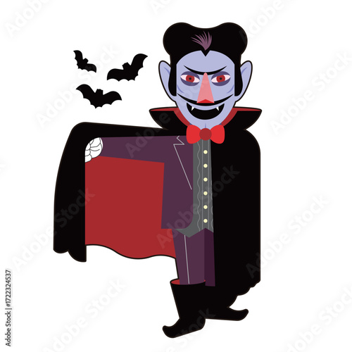 a spooky yet charming Count Dracula with a sinister grin